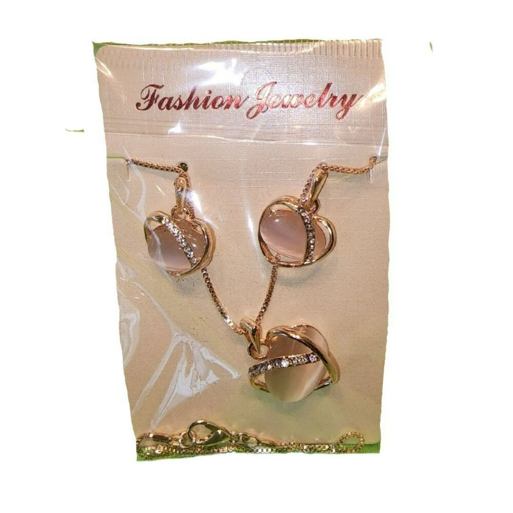 Rose Gold Heart Necklace & Earrings Set With Rhinestone Accents - Picture 2 of 5